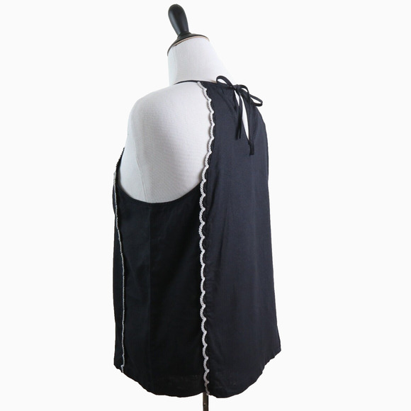 Ann Taylor Size L Scalloped Linen Blend Halter Top Black White Trim - Picture 4 of 10